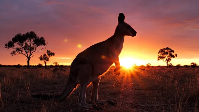 Stunning sunset silhouette of a kangaroo in the Australian outback landscape.