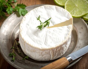 Wheel of creamy cheese on a decorative plate with limes and garnish