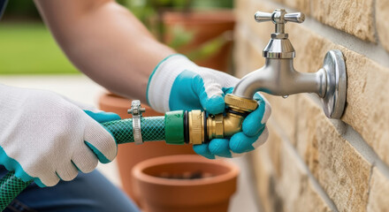 Careful gardener hands wearing white gloves attaching green garden hose to outdoor brass water faucet on brick wall for backyard lawn irrigation and summer plant watering
