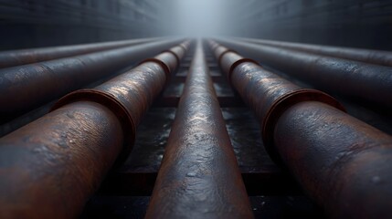 Rusty industrial pipes receding into fog and mist