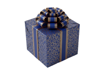 blue patterned gift box with gold ribbon and bow