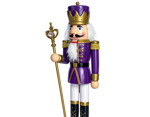 Wooden toy soldier in a purple uniform, holding a staff, standing on black