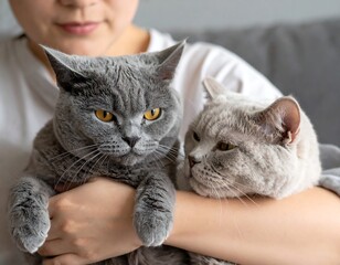 Woman cradles two fluffy gray cats, looking intently at camera