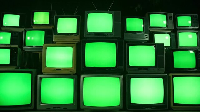 A stacked wall of numerous old television sets displaying green screen static and noisy interference.