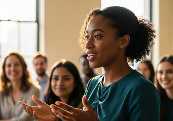 Confident young woman speaking to diverse audience during interactive group discussion in bright modern meeting room, sharing ideas and engaging colleagues with open hand gestures and warm smile