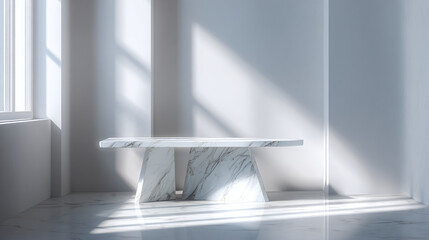 A minimalist marble table with sunlight casting shadows against a wall. The scene is illuminated by natural light