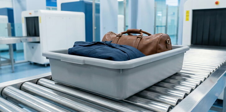 Luggage in a security tray on an airport conveyor belt with an X-ray scanner in the background, symbolizing travel safety and screening.