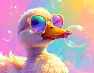 Whimsical duck wearing rainbow sunglasses amid bubbles