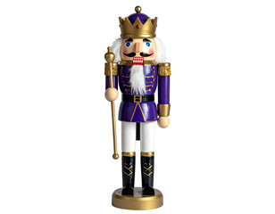 Tall, regal wooden figure with crown and scepter, painted in purple, gold, and white