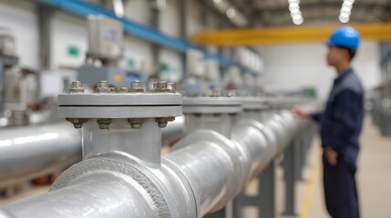 An industrial pipe system with a technician in a blue uniform inspecting equipment in a factory