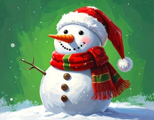 Whimsical snowman, cheerfully adorned with festive winter attire