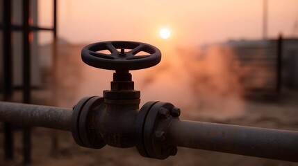 Fototapeta premium A close up weathered industrial valve on a rusty pipeline set against a warm hazy sunset with steam rising symbolizing energy and industry