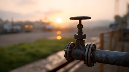 Rusty industrial pipeline valve at sunrise with atmospheric light