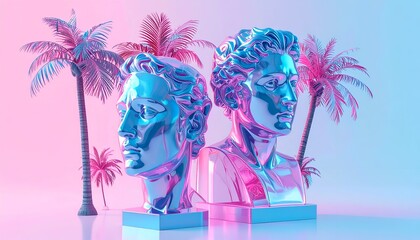 Two metallic busts, palm trees, neon gradient background