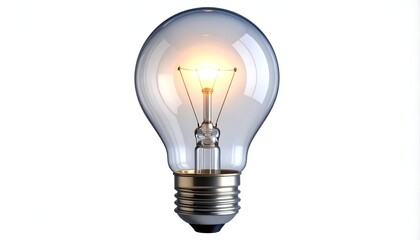 Illuminated clear bulb, glowing yellow, on white background