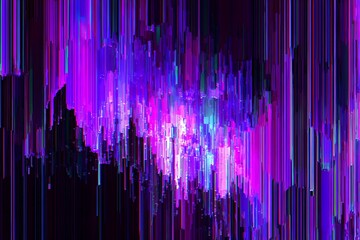 Vertical purple digital glitch distortion overlay on transparent background.