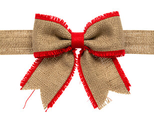 Rustic burlap bow with red trim, centrally knotted, with a matching ribbon extending
