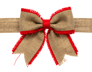 Rustic burlap bow with red trim, centrally knotted, with a matching ribbon extending