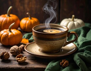 Steaming coffee in a mug with pumpkins, nuts, and a green cloth on a wooden table