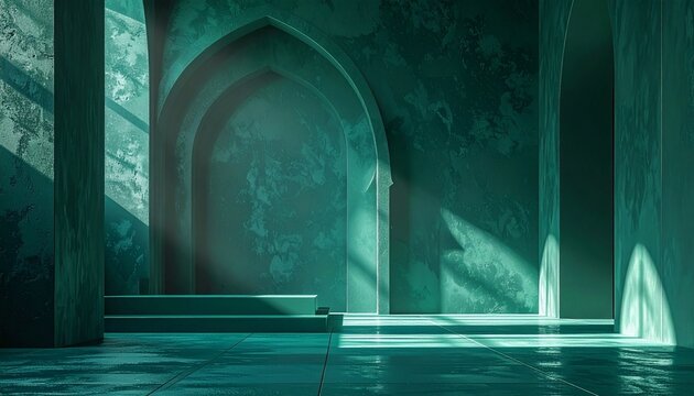 Historic stone arches and columns frame the blue mosque interior as ethereal light streams through windows into the dark ancient corridor