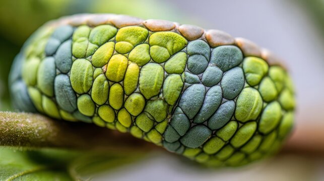 Intricate interlocking scales on a chameleon's tail showcase vibrant patterns and textures in a detailed close-up nature shot.