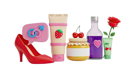 Valentine's Day themed sensual items, rose, heels, and treats