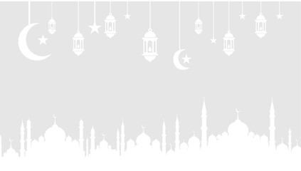Ramadan Kareem greeting with mosque silhouettes and hanging lanterns. © Kyle