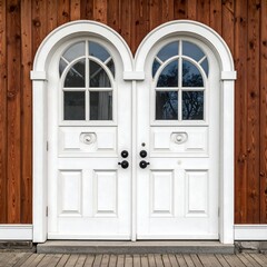 White double doors with arched windows and a wood-paneled exterior