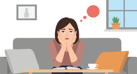 Woman sitting on couch with a thoughtful expression, contemplating something important in her mind while resting chin on hands