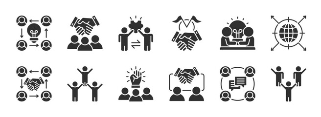 Obraz premium Teamwork glyph style icon. collaboration, partnership, cooperation, alliance, synergy, networking, coordination, unity, support, connection, community, togetherness vector icon collection. EPS 10
