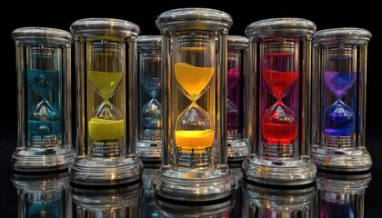 Elegant Hourglasses Displaying Flowing Sands in Vibrant Colors on Reflective Surface
