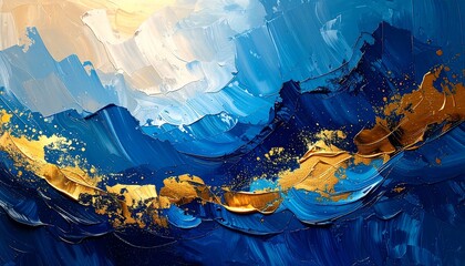 Textured abstract painting featuring ocean waves and sky, layered with blue, gold, and white hues. Brushstrokes create a dynamic, fluid effect