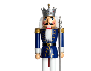 Regal nutcracker soldier in blue uniform, crown, spear, and white beard against black backdrop