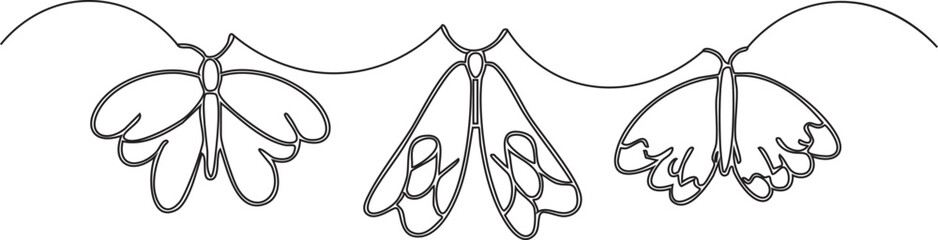 Continuous flowing line minimalist design concept of three butterflies resting on a wavy line