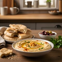 Hummus with pita bread and olives on a wooden kitchen table