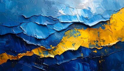 Textured abstract painting featuring thick brushstrokes of blue and gold, creating a dynamic and vibrant visual effect