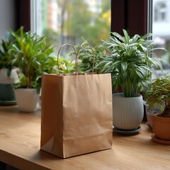 Brown Paper Bag on Wooden Table Surrounded by Potted Plants and Natural Light