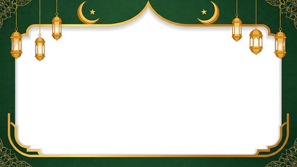 Islamic Green Gold Arch Frame with Lanterns & Crescent Moon for Ramadan Eid Mubarak Background Template