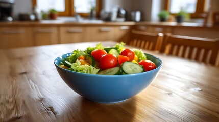Fresh Colorful Salad with Tomatoes and Cucumbers on Wooden Table in Kitchen