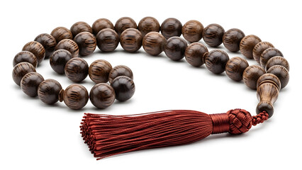 Dark Wood Prayer Beads (Tasbih) with Red Tassel. Islamic Rosary for Meditation, Spirituality, and Mindfulness on White.