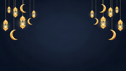 Ramadan Eid Mubarak background with golden crescent moons and glowing lanterns on dark blue, elegant Islamic design