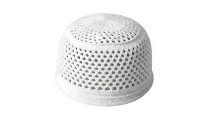 Traditional white prayer cap with intricate openwork design, isolated on white background