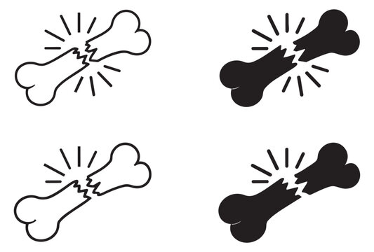 Iconic line art and solid fill broken bone icons set featuring different fractured human bones for medical injury awareness