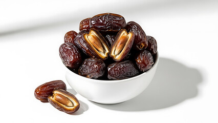 Plump dried dates in a white bowl with a split date revealing its pit on a clean white background. Healthy food.