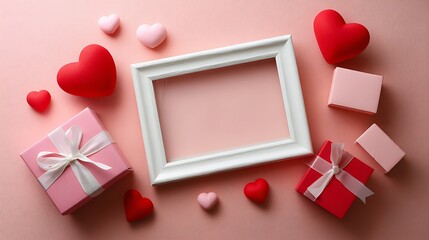 Romantic Gifts and Hearts on Pink Background with Empty Frame for Design