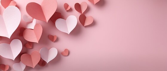 Colorful Paper Hearts on a Soft Pink Background for Romantic and Celebration Themes