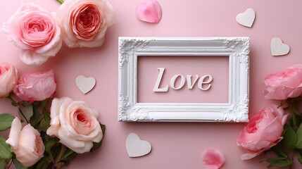 Romantic Display of Pink Roses and Heart Shapes in Elegant White Frame