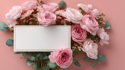 Beautiful Arrangement of Pink Roses with Blank Card on Soft Pink Background