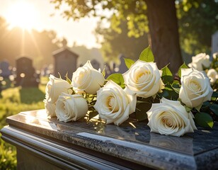 White roses rest on a stone surface in a sunny cemetery