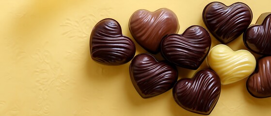 Assorted Heart-Shaped Chocolates on Yellow Background for Valentine&rsquo;s Day Treats